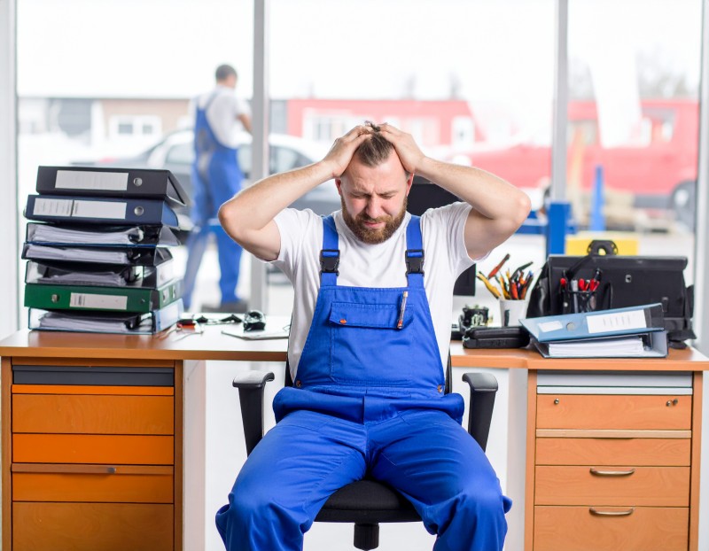 Handwerker rauft sich das Haar
